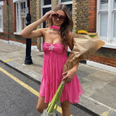 Frill Halter Around Neck Strapless Mini Dress